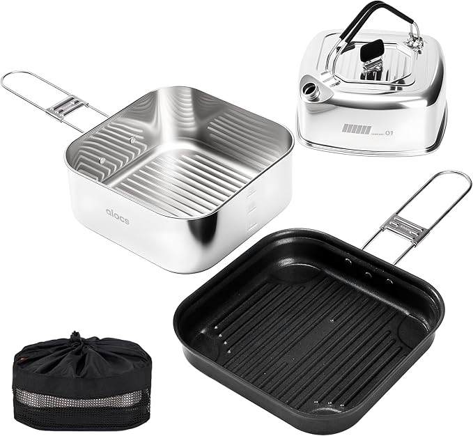 Alocs Camping Cookware Set - Lightweight Camping Pots and Pans - Portable Outdoor Cookware with Kettle - Camping Cookware Mess Kit for 2