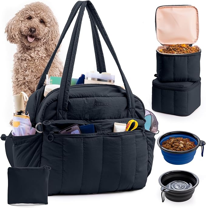 Dog Travel Bag for Supplies, Airline Approved Pet Travel Organizer with 2 Food Containers & Collapsible Bowls, Large Capacity Dogs Tote Bag for Weekend, Stylish Dog Mom Gift for Pet Lovers