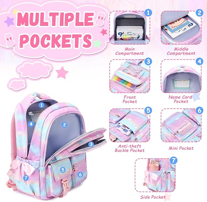 PIG PIG GIRL Kids Backpack for Girls - School Bags for Middle School Students - Book Bag for Elementary Primary - Kawaii Ita Backpack - Pink Planet