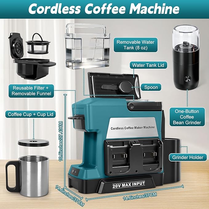 Cordless Coffee Maker for Makita 18V Battery (No Battery), Portable Drip Coffee Machine with Electric Coffee Grinder and Coffee Cup, for RV, Camping, Travel