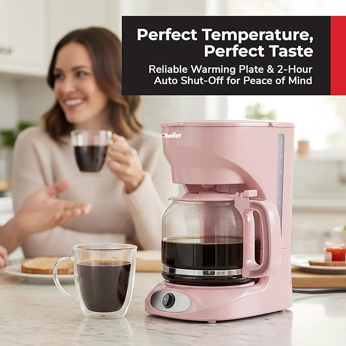 MUELLER HOME 12-Cup Pink Coffee Maker - Borosilicate Carafe, Auto-Off, Pink Kitchen Accessories, Reusable Filter, Anti-Drip, Kitchen Appliances, Keep-Warm Function