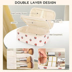 Relavel Makeup Bag, Small Makeup Bag for Women, Travel Cosmetic Bag, 2 Layers Waterproof Makeup Organizer Storage with Makeup Brush Holder, White Straberry