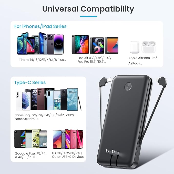 Portable Charger with Built-in AC Plug and Cables,13800mAh USB C Fast Charging Power Bank,Travel Essentials Portable Phone Charger Battery Pack for iPhone 17/16/15/14/13,Galaxy,Android-Graphite Black