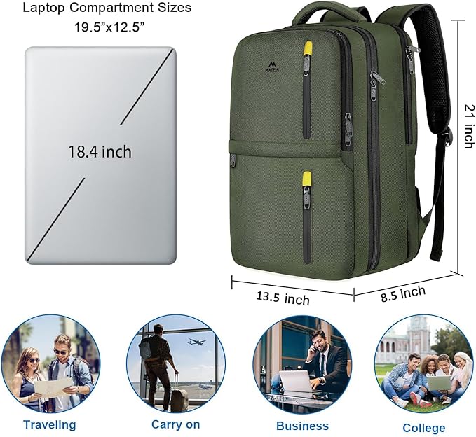 MATEIN Extra Large 45L Travel Backpack, Airline Approved Carry on Backpack with USB Port & Shoe Compartment, Water Resistant Luggage College Overnight Weekender Travel Bag Fit 18" Laptop, Green
