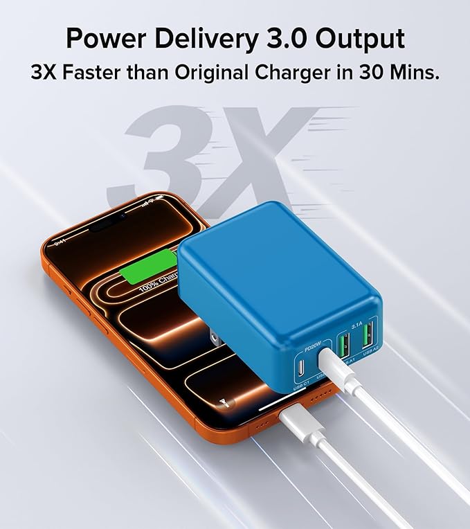 2Pack Flat USB C Charger Block, 40W 4-Port Fast Charger 20W Type C Charging Block 3.1A USB Wall Charger Dual Port PD+QC Charging Cube for iPhone 16 15 14 13 12 Pro Max XS, iPad,Samsung,（Light Blue ）