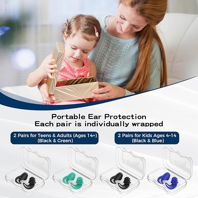 Waterproof Swimming Ear Plugs - 4 Pairs Reusable Silicone Showering Ear Plugs for Adults Kids, Ideal for Swimming, Surfing, Water Sports (Adults- Black, Green & Kids- Black, Blue, 1 Pair (Pack of 4))
