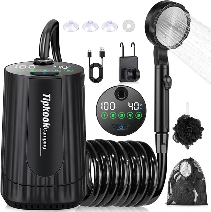 Portable Shower for Camping Essentials: 10000mAh Rechargeable Battery Powered Shower, IPX8 Waterproof Camp Shower Pump, 5-Speed Outdoor Shower with LED Display, Camping Gifts for Men, Dog Bath, Hiking