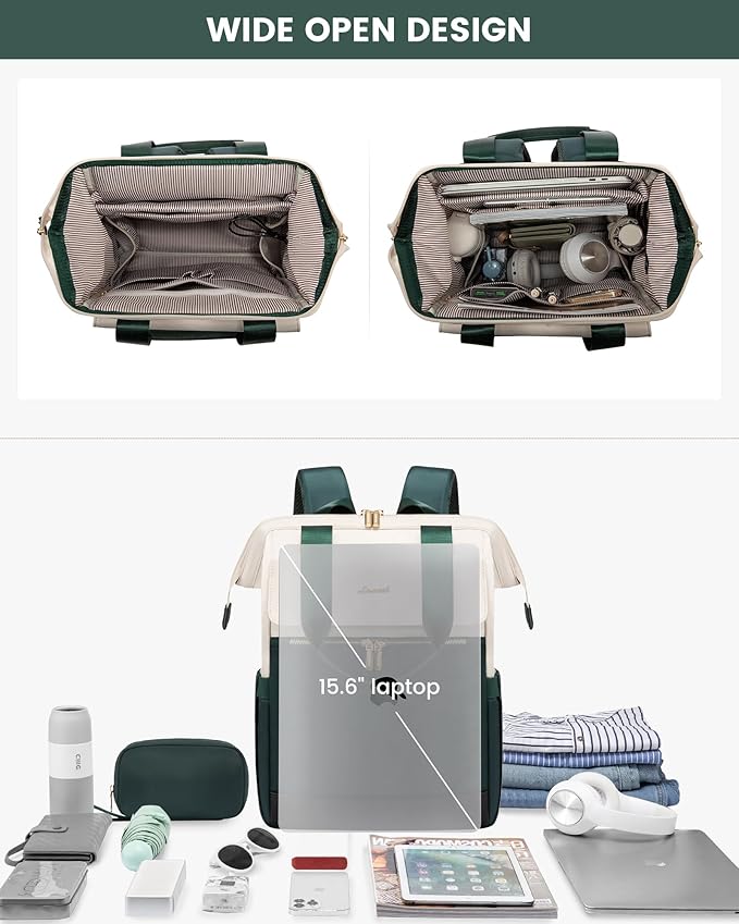 LOVEVOOK Laptop Backpack for Women, 15.6 Inch Work Laptop Bag with USB Port, Fashion Teacher Nurse Backpack Purse, Waterproof Travel Computer Backpack with Organizer Bag, 2PCS, Beige-Green