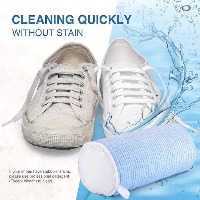 Teletrogy Shoe Washing Machine Bags, Reusable Laundry Bag for Washer and Dryer, Durable Fluffy Fiber Keep Clean, 2 Pairs Adjustable Trees for All Shoes, Blue