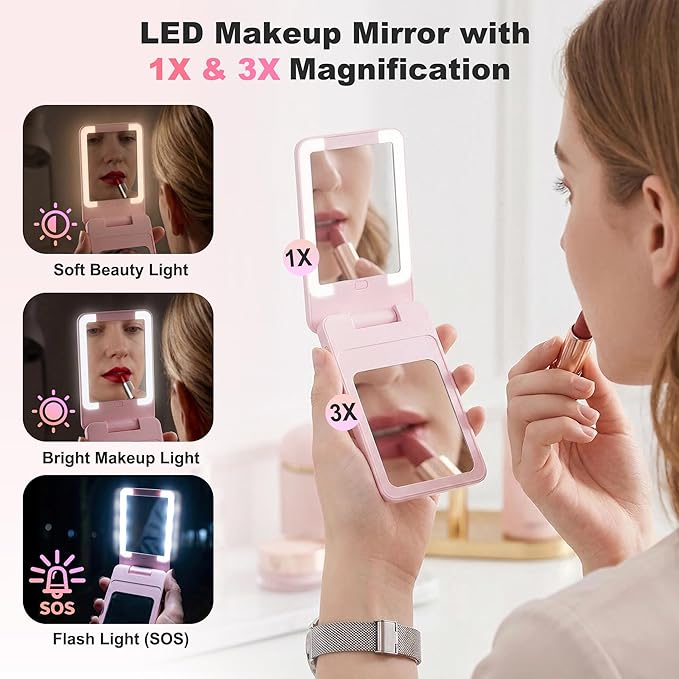 5-in-1 Magnetic Power Bank, 5000mAh Portable Wireless Charger with Mirror, Stand, Bluetooth Remote & Card Holder, MagSafe Compatible Travel Essential for iPhone & Samsung, USB-C Cable Included