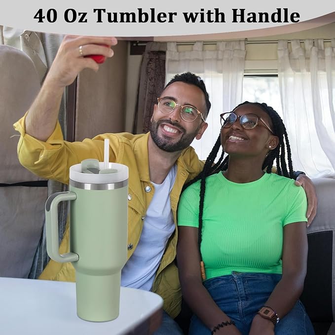 4 Pack 40 Oz Tumbler with Handle Bulk, Double Wall Vacuum Insulated Stainless Steel Tumbler with Lid and Straw, 40 oz cup with Silicone Spill Proof Stopper Set (Dark Green)