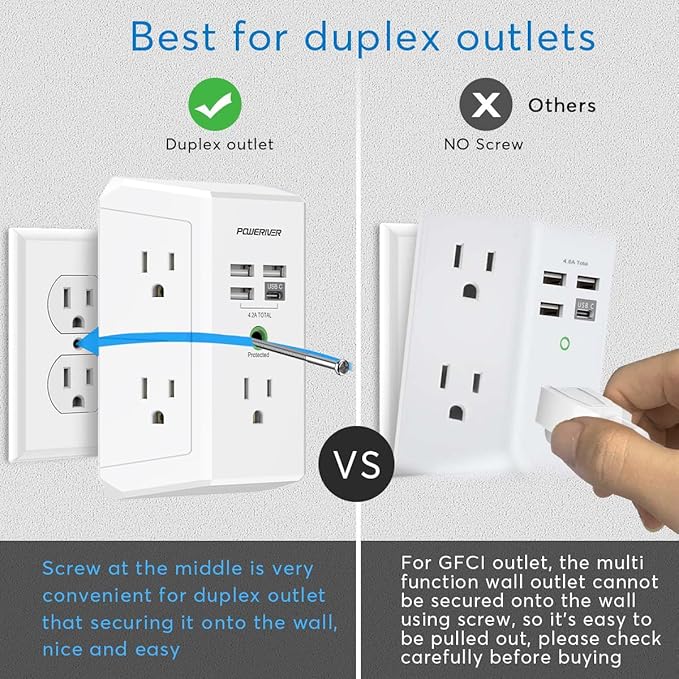 USB Wall Charger, POWERIVER Multi Outlet Extender Surge Protector with 4 USB Ports, 1680J Wall Outlet Adapter Spaced for Home School Office, ETL Listed, White