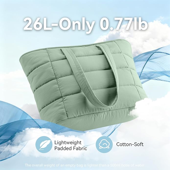 Puffer Tote Bag with Pouch,Women's Lightweight Quilted Shoulder Bag,15.6"/17.3" Laptop Travel Weekender for Work & Nurses