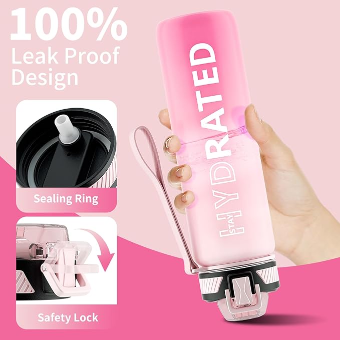QLUR Water Bottle with Straw, 27oz Motivational Water Bottles with Time Marker to Drink, Tritan BPA Free, 750ml Sports Water Bottle with Carry Strap LeakProof for School Fitness Outdoor (1Pack)