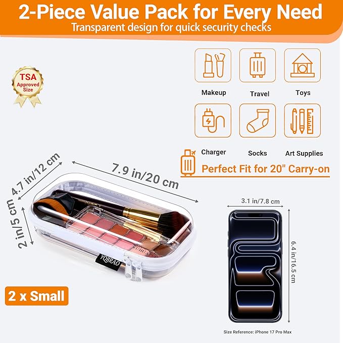 YQBRAO 2-Pack Small Clear Hard Shell Zipper Case White, 1.2mm Heavy-Duty Crush-Proof Makeup Bag, TSA Approved Toiletry Bag, Rigid Diaper Bag Organizer Pouches for Cables, Tech & Snacks