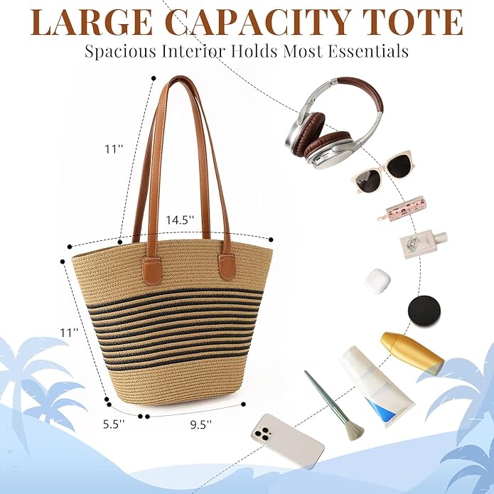 Beach Bags for Women, Summer Straw Beach Bag Straw Purse Shoulder Handbags Large Beach Tote for Summer Vacation
