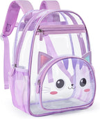 mommore Clear Backpack for Kids Cartoon Kitty Backpack for Girls 4-8 Water-Resistant See Through Cartoon Toddler Bookbag with Chest Strap for Preschool Kindergarten Travel, Purple