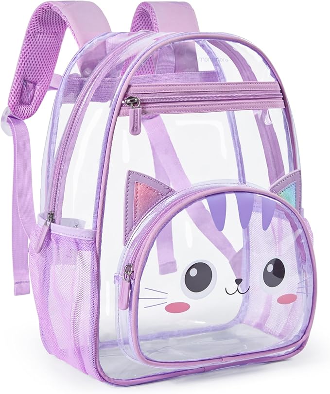 mommore Clear Backpack for Kids Cartoon Kitty Backpack for Girls 4-8 Water-Resistant See Through Cartoon Toddler Bookbag with Chest Strap for Preschool Kindergarten Travel, Purple