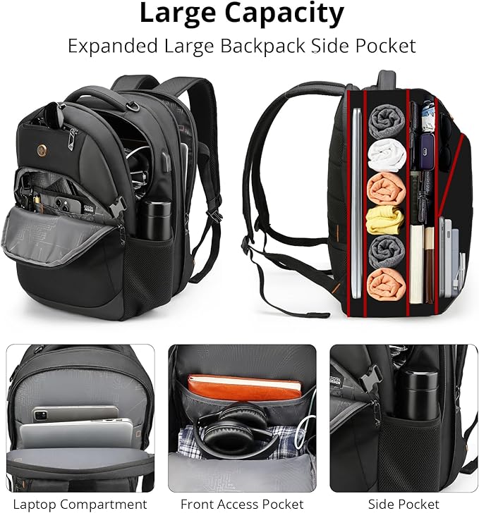 Swissdigital Travel Laptop Backpack, 35L Expandable Large College Laptops Backpack with USB Charging Port for Men and Women Fits 17 Inch Notebook, Black | SD1671-01
