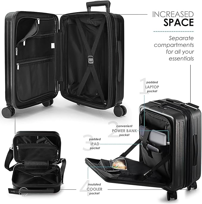 TRAVELARIM Black Hardshell Luggage Sets 4 Piece, Durable Suitcase Set, Travel Luggage Set with Integrated TSA Lock, 360° Spinner Wheels, Expandable Medium and Large Checked Suitcase, 20/24/28 Inch