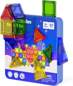 Mini Magnetic Tiles Travel Kit for Kids Ages 3-8, 60pcs Portable Magnetic Building Blocks with Visual Storage Guide & Metal Play Base, STEM Sensory Toys for Preschool Learning