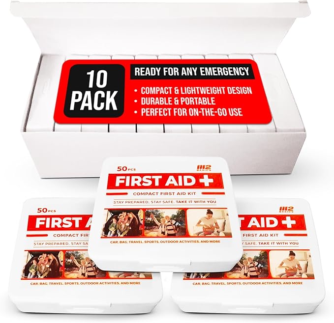 M2 BASICS Mini First Aid Kit Bulk Multi Pack, 10 Pack, 50 per Kit, 500 Total Pieces for Car, Travel, Home & Donations