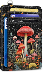 Yonlevres Mushroom Credit Card Holder Slim Wallet, RFID Wallet Women Front Pocket Small Card Holder, Travel Funny Cute Thin Card Case with ID Window PU Leather RFID Blocking Card Organizer Gifts Girls