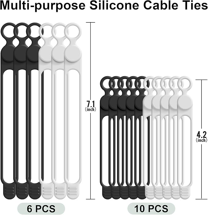 Silicone Cable Ties Cord Organizer Cable Management, 16Pcs 4.2" and 7.1" Reusable Cable Organizer Electronic Accessories for Home, Office, Kitchen, School, Travel(Black&White)