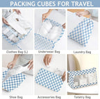 8 Set Packing Cubes for Travel, Luggage Packing Organizers Accessories Large Toiletries Bag for Clothes Shoes Cosmetics (Blue Checkered)