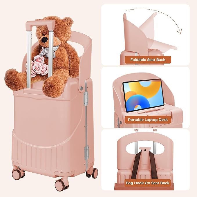 20" Ride-On Luggage with Child Seat, Hardside Carry-On Suitcase with Shockproof 360° Silent Spinner Wheels, TSA Lock, Kids & Adults & Busy Moms