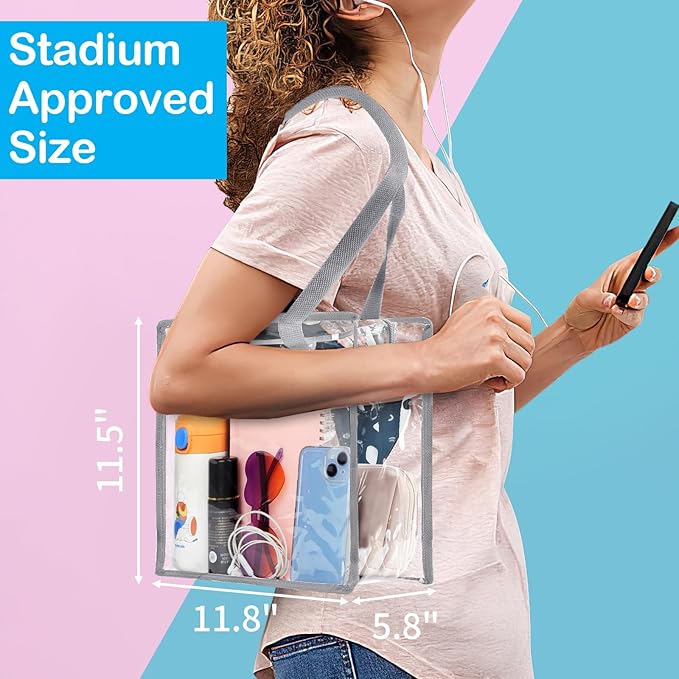 Hoiny Clear Bag for Stadium Events Approved, 12x6x12 Large Transparent Tote Bag with Zipper for Gym Concert Sports Festivals