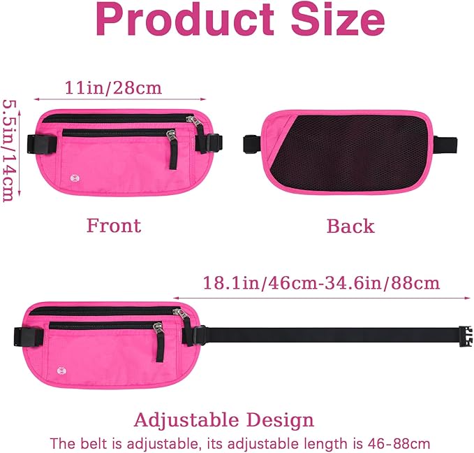 FuninCrea Waterproof Hidden Money Belt for Travel, Anti-Theft Belt Bag with RFID Blocking Function Adjustable Slim Waist Bag with 2 Zipper Pockets & 1 Back Pocket for Travel Running (B, Hot Pink)