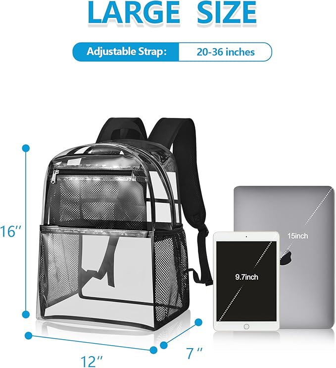 Paxiland Clear Backpack Stadium Approved 12×12×6, Small Transparent Bag with Reinforced and Widened Shoulder Straps, Black-Large
