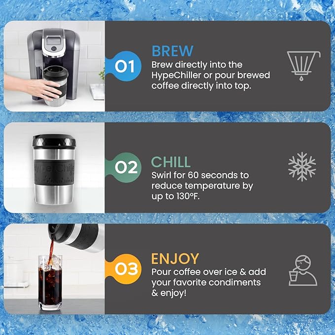 The Original but NEW Stainless-Steel HyperChiller HC2SS Patented Iced Coffee/Beverage Cooler Ready in One Minute, Reusable for Iced Tea, Wine, Spirits, Alcohol, Juice, 12.5 oz, Stainless Steel