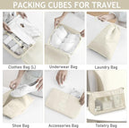 KPX 8 Set Packing Cubes for Travel, Luggage Packing Organizers Accessories Large Toiletries Bag for Clothes Shoes Cosmetics (Beige)