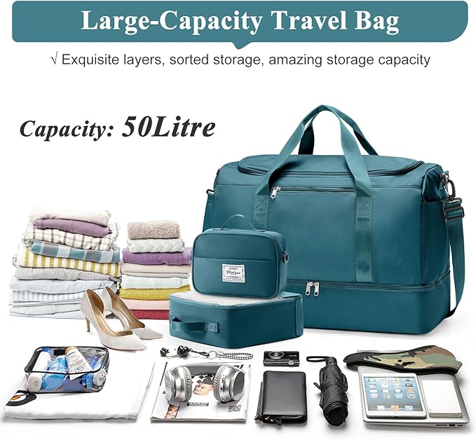 Large Travel Duffle Bag,Carry on Overnight Weekend Bag with Shoes Compartment,Weekender Bags for Women for Travel Business Trips Sport Hospital,3 Pcs Set,Peacock Blue