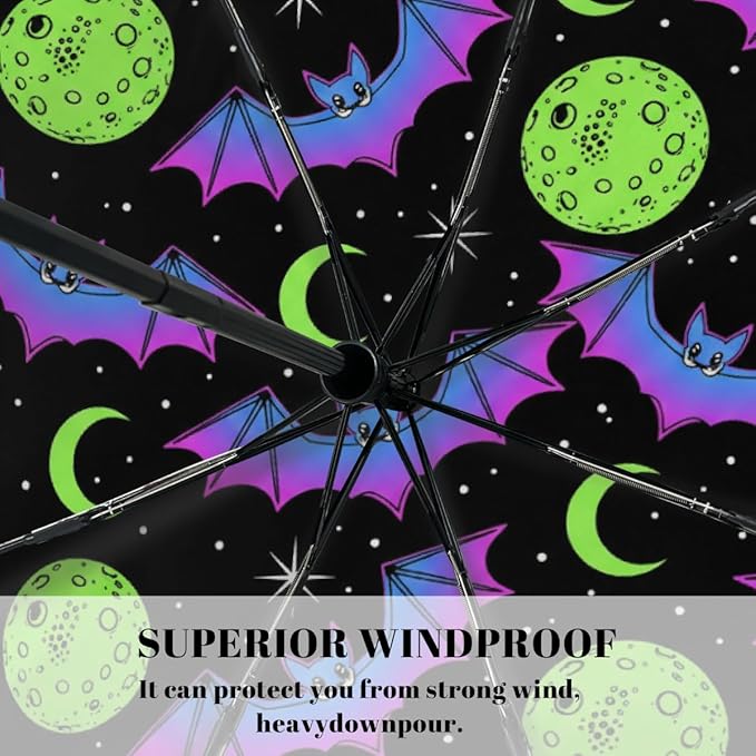 Windproof Compact Umbrellas for Rain - Neon Bat Moon Halloween Portable Lightweight Automatic Reverse Folding Umbrellas - Auto Open Close Cute Small Umbrella for Commute, Car, Backpack, Purse