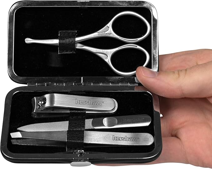 Kershaw Manicure Kit, 4-Piece Stainless Steel Set with Case, Mens Grooming Kits, Includes Fingernail Clipper, Double-Sided Nail File, Beard and Moustache Scissors and Tweezers