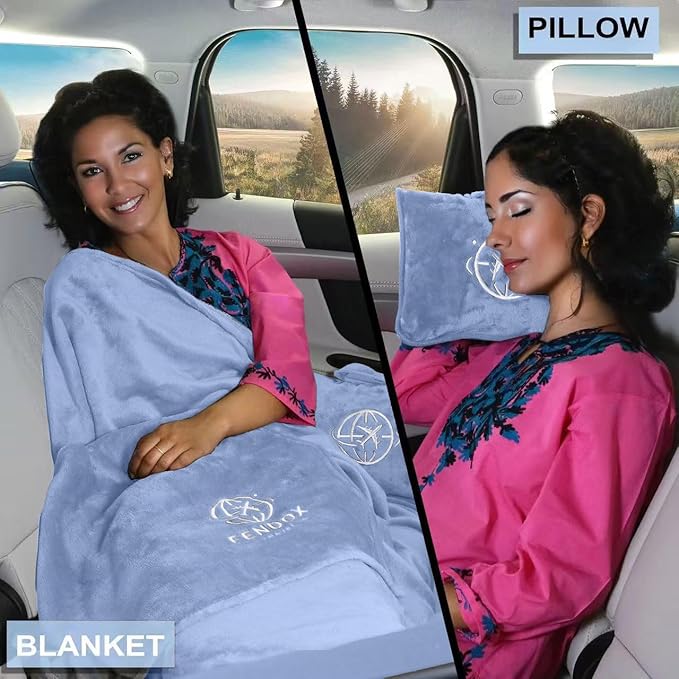 2-in-1 Travel Blanket and Pillow – Lightweight, Compact, Ultra Soft, Machine Washable – Handle, Luggage Sleeve, Backpack Clip – for Travel Airplane, Car, Office (Light blue)