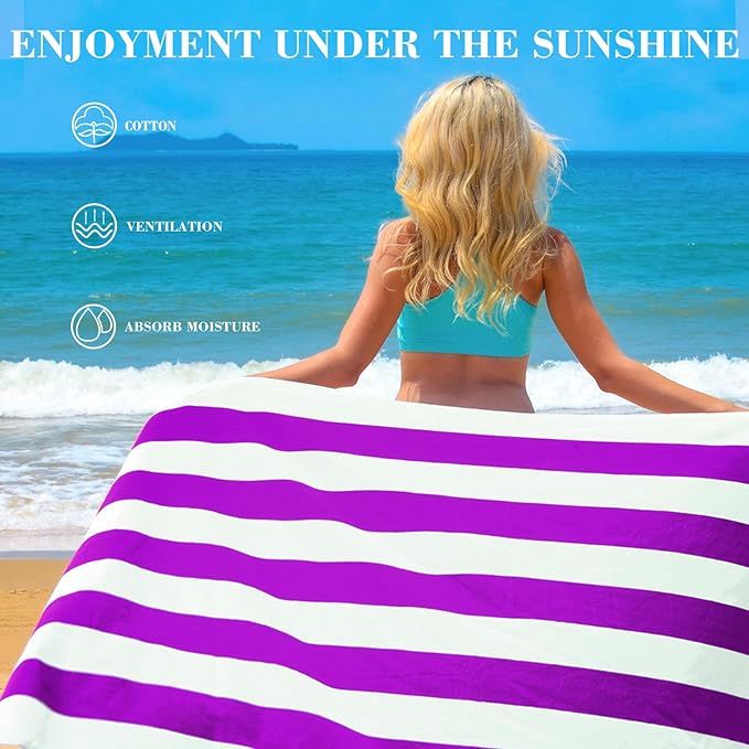 Exclusivo Mezcla 2 Pack Cotton Large 30x60 Inches Cabana Stripe Beach Towels, Super Absorbent Soft Plush Pool Bath Towel (Purple)