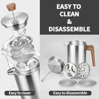 French Press Coffee Maker, 34oz Stainless Steel Coffee Press Real Wood Handle, Double Wall Insulated French Coffee Press with Dual-Filter Screen, Perfect for Camping & Kitchen Use