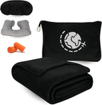 Travel Blanket and Pillow Compact – 4-in-1 Soft Fleece Airplane Blanket with Bag Pillowcase, Neck Pillow, Eye Mask & Earplugs, Lightweight Portable Flight Blanket 60"x43" (Black)