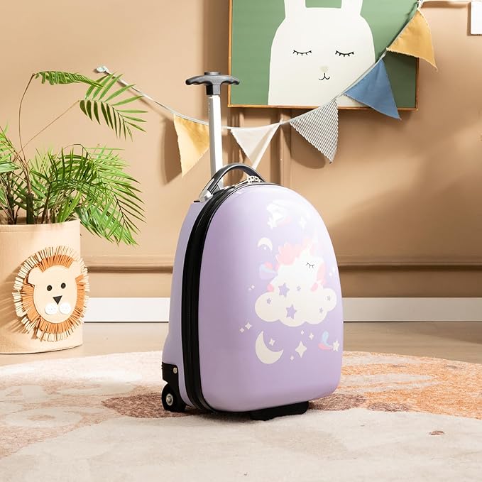 Goplus Kids Luggage, 16’’ Carry On Suitcase with Wheels, Waterproof Hard Shell, Lightweight Rolling Luggage for Travel, Birthday Gifts for Toddlers, Children, Boys, Girls (Purple-Unicorn)