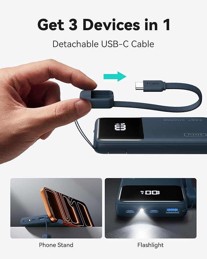 INIU Ultra Compact Portable Charger, 10000mAh 45W Fast Charging Power Bank with Detachable USB-C Cable & Stand, Flight-Safe Travel Battery Packfor iPhone, Samsung, Xiaomi, for Boys, Girls, Blue