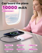 Aaoyun Portable Charger Power Bank, 10000mAh 22.5W PD Fast Charging Powerbank with Built-in USB C Cable, Slim External Phone Battery Pack for iPhone 17/16/15 Samsung S24 Android etc (Pink)