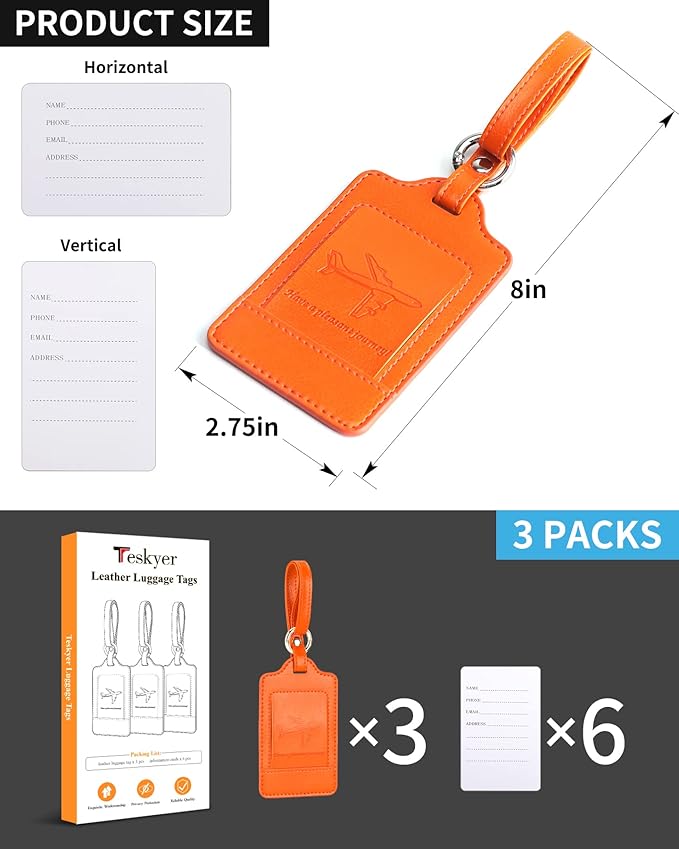 3 Pack Luggage Tags - Quick Install, Privacy Protection, Airplane Travel Essentials for Suitcases, Durable Leather - Orange