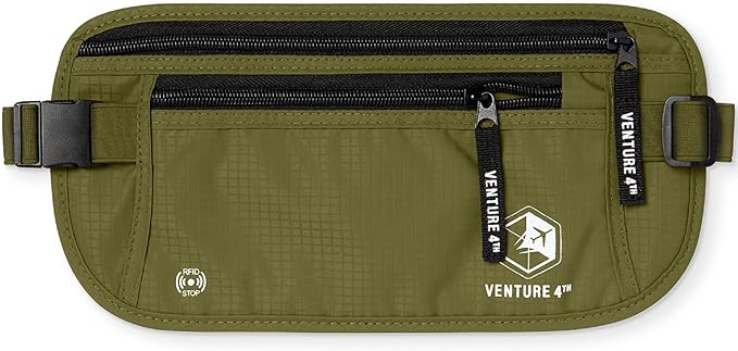 VENTURE 4TH Money Belt for Travel – Slim Hidden Under-Clothes RFID Blocking Anti-Theft Passport Holder & Travel Wallet Pouch for Men & Women to Protect Cash, Cards & Documents (Green)