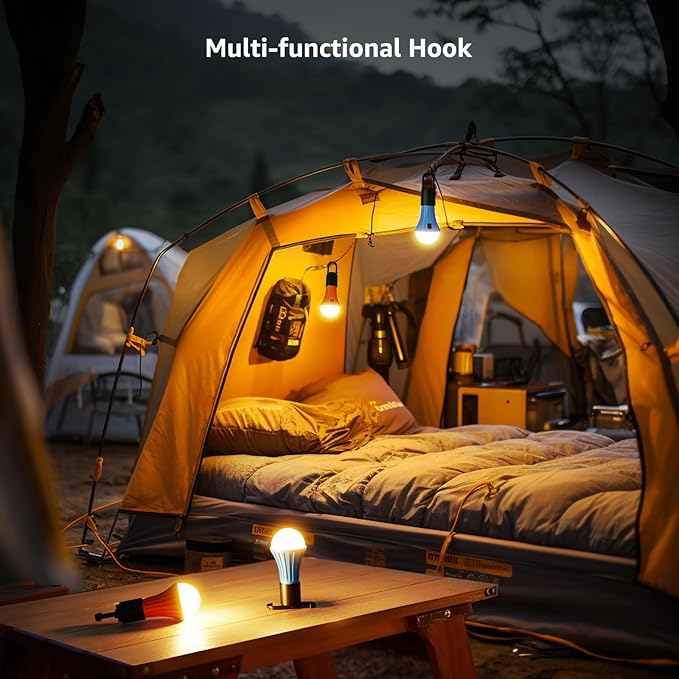 Lepro LED Rechargeable Camping Lantern, 7 White and RGB Light Modes, Camping Essentials, Hanging Light Bulbs with Clip Hook for Camping, Christmas, Decorations, Emergency, USB Cable Included, 2 Packs