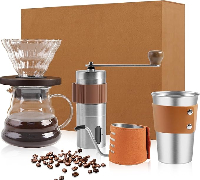 LHS Pour Over Coffee Maker Set - All in One Pour Over Coffee Kit, Travel Pour Over Coffee Dripper, Manual Coffee Maker Set Grinder Brewer Dripper and Cup Set, Anniversary Birthday Gift Sets