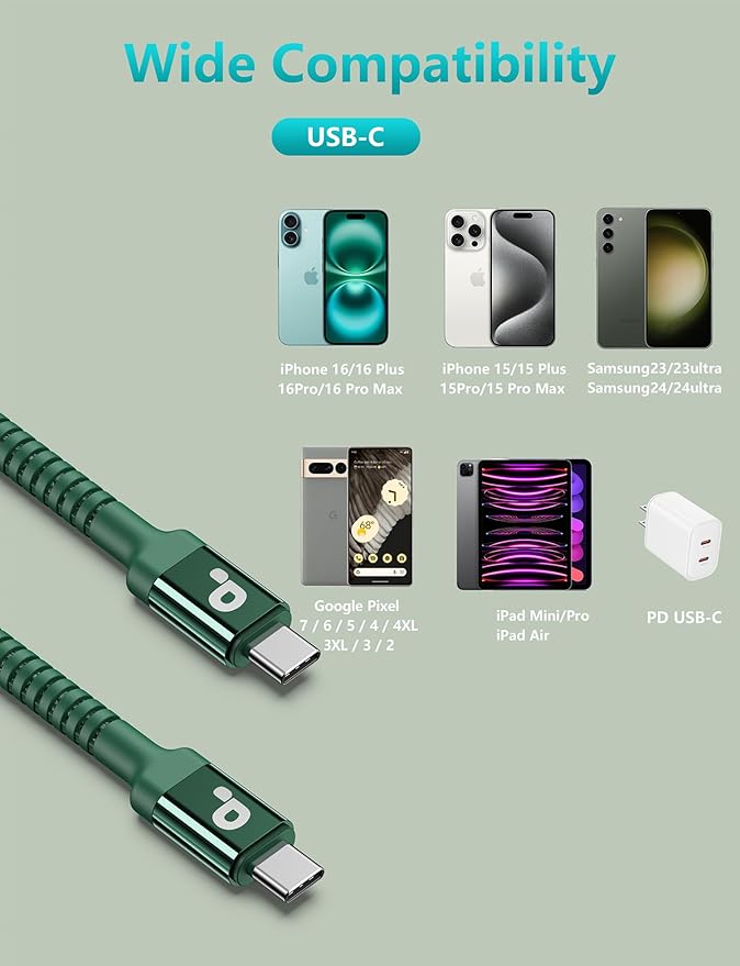 USB C Cable 6FT, 2Pack USBC to USBC Fast Charging Cable, iPhone 16 15 Charger Cable Long Type C Cord Nylon Braided Compatible with iPhone 17/16/15/Pro Max/Plus/Samsung Galaxy S23/LG and More-Green